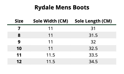 2025 Rydale Mens Boots  Size Chart